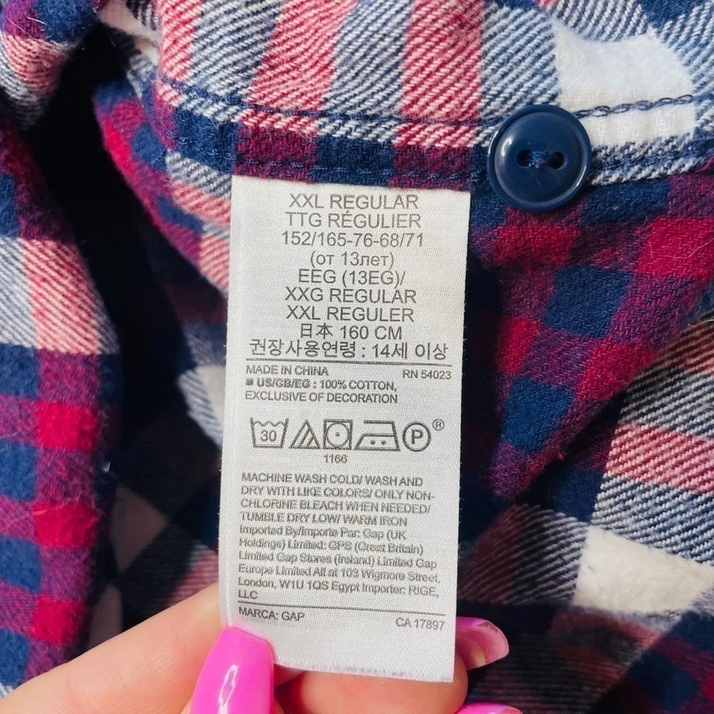Gap Kids Blue Maroon Plaid Flannel Hooded Long Sleeve Button Up Shirt Size XXL
